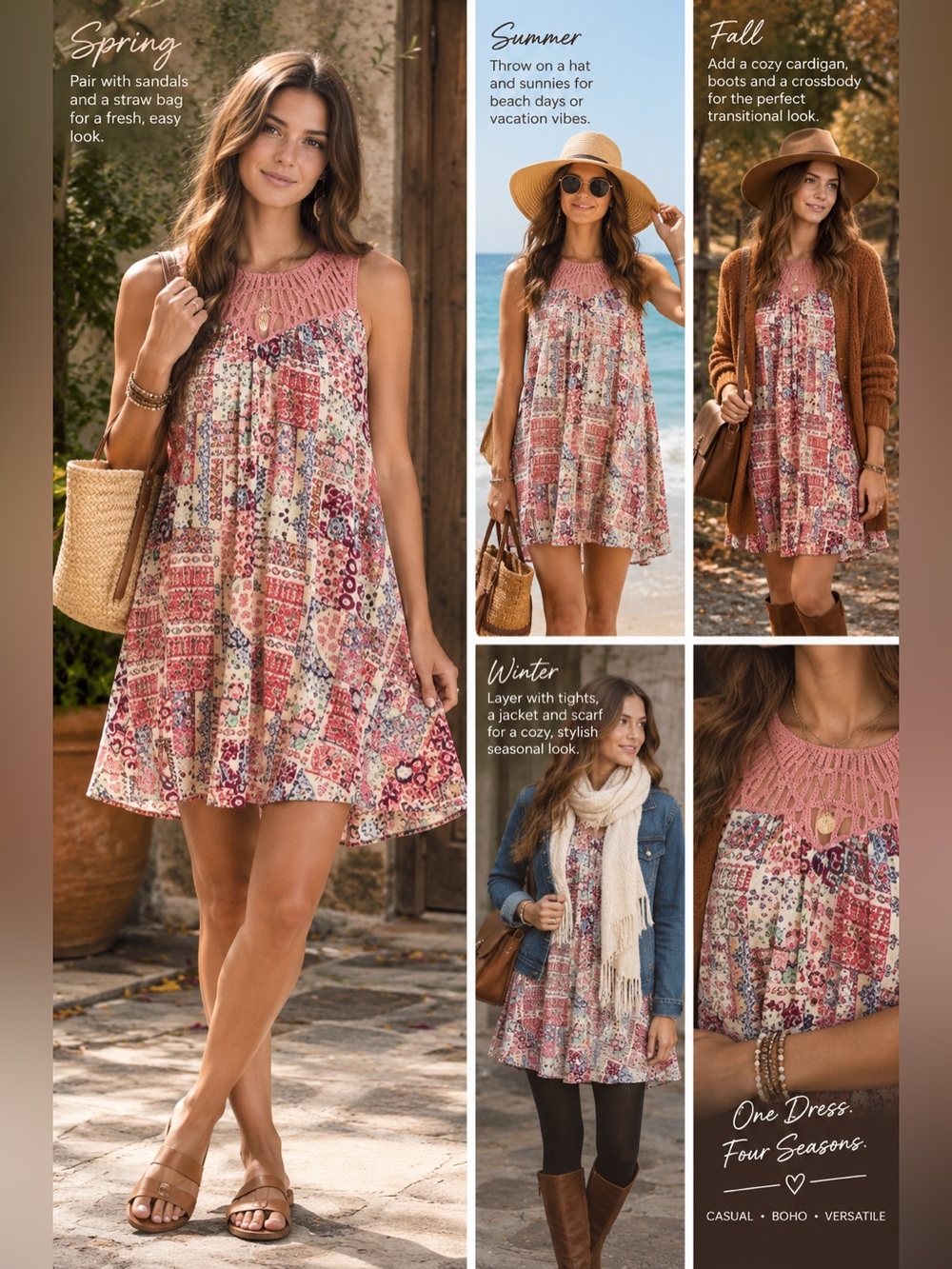 Kori Pink Crochet Yoke Patchwork Mini Dress Boho Floral Sleeveless A-Line S